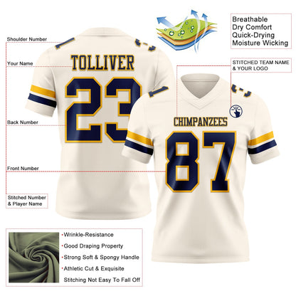 Custom Cream Navy-Gold Mesh Authentic Football Jersey