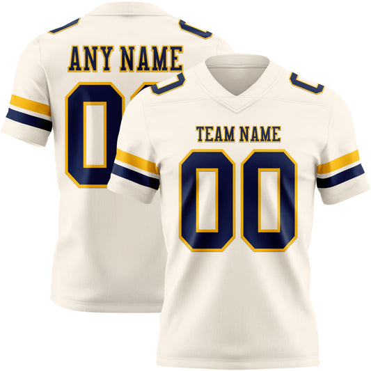Custom Cream Navy-Gold Mesh Authentic Football Jersey
