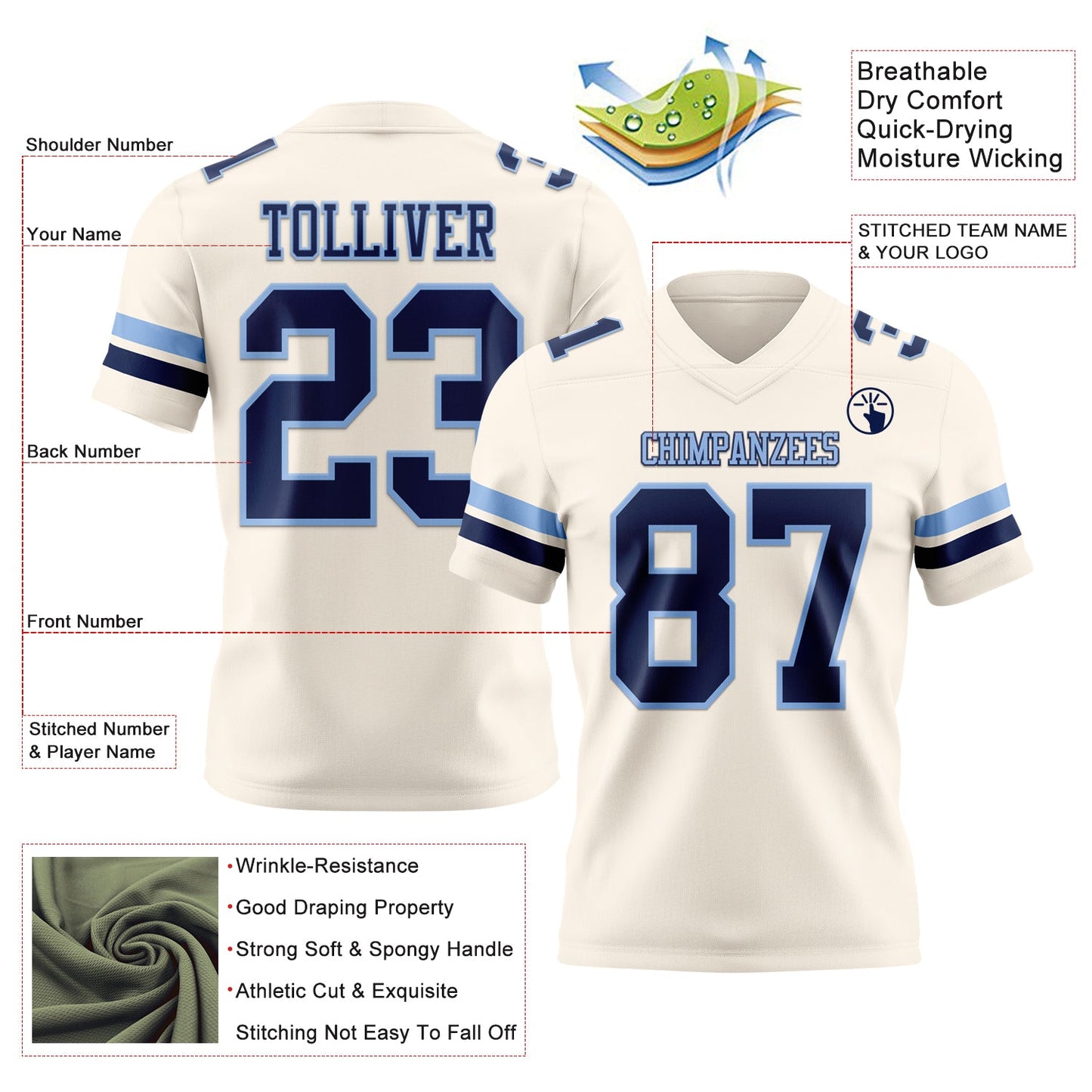 Custom Cream Navy-Light Blue Mesh Authentic Football Jersey