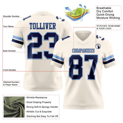Custom Cream Navy-Light Blue Mesh Authentic Football Jersey