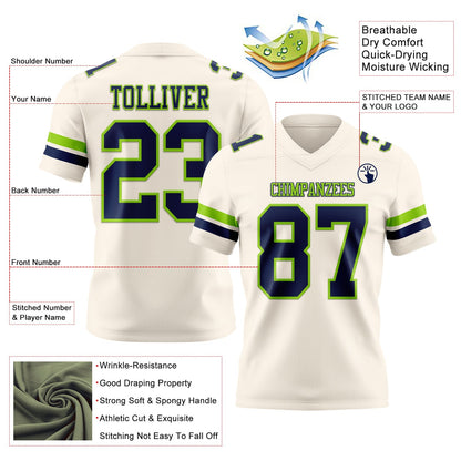 Custom Cream Navy-Neon Green Mesh Authentic Football Jersey