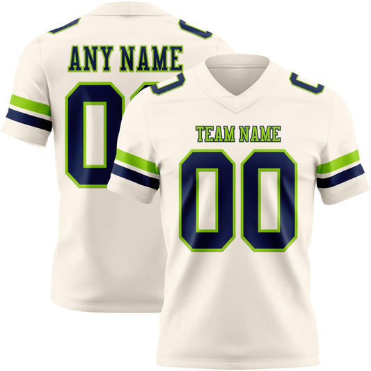 Custom Cream Navy-Neon Green Mesh Authentic Football Jersey