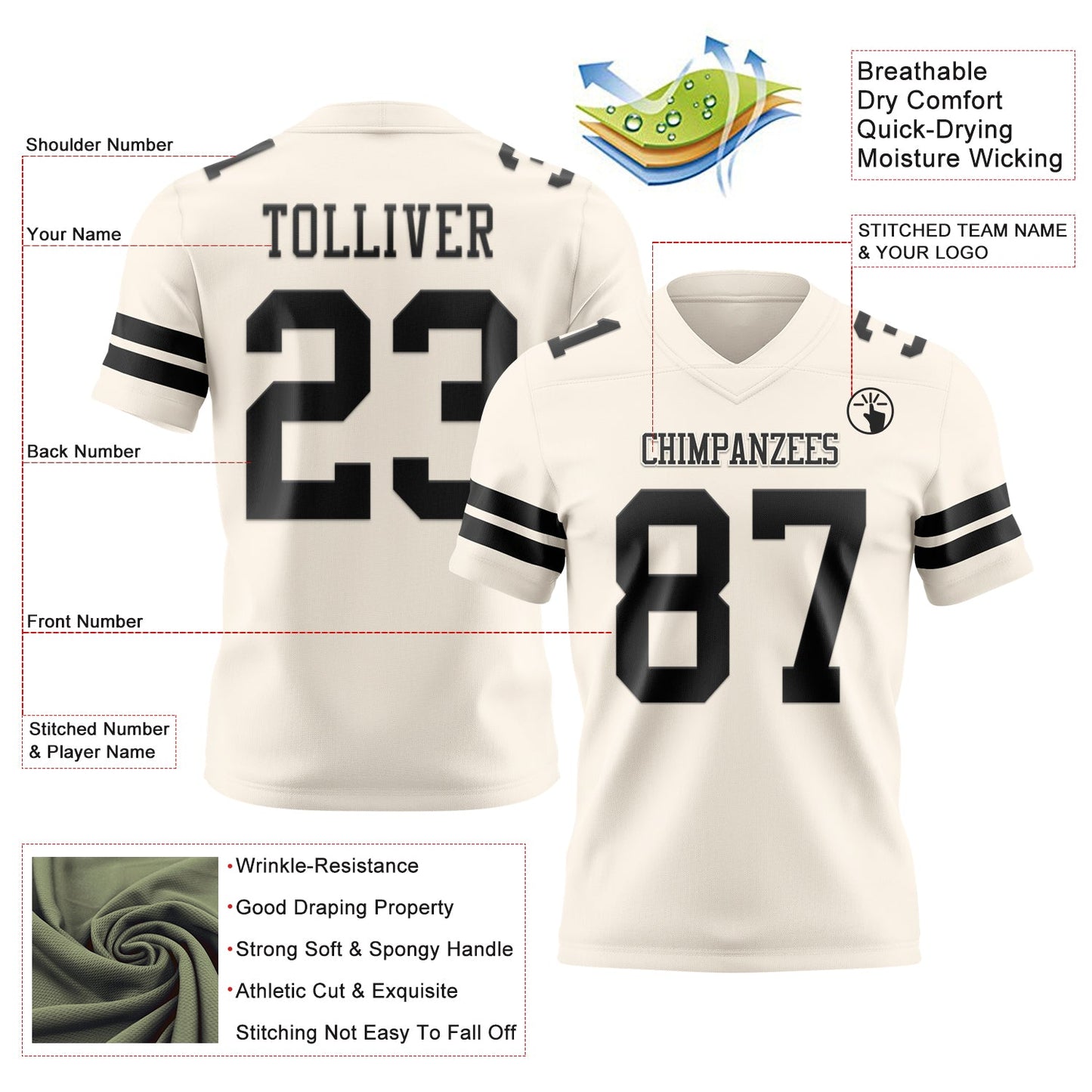Custom Cream Black Mesh Authentic Football Jersey