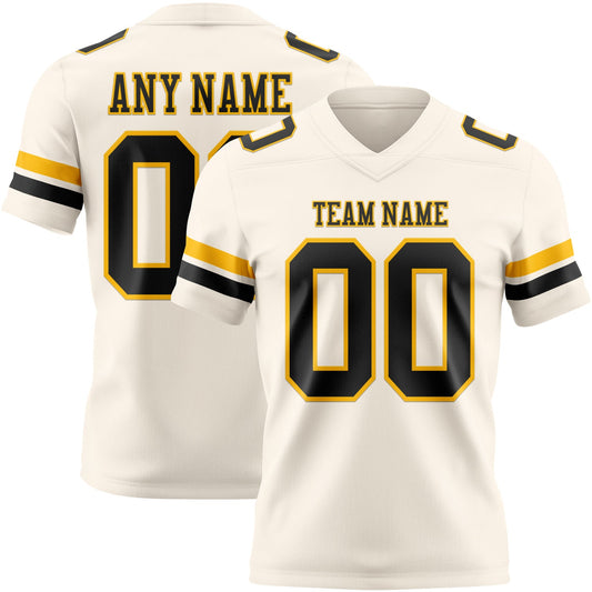 Custom Cream Black-Gold Mesh Authentic Football Jersey