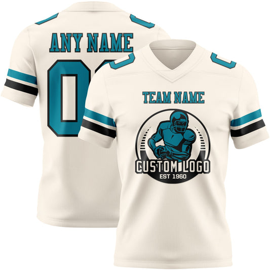Custom Cream Teal-Black Mesh Authentic Football Jersey