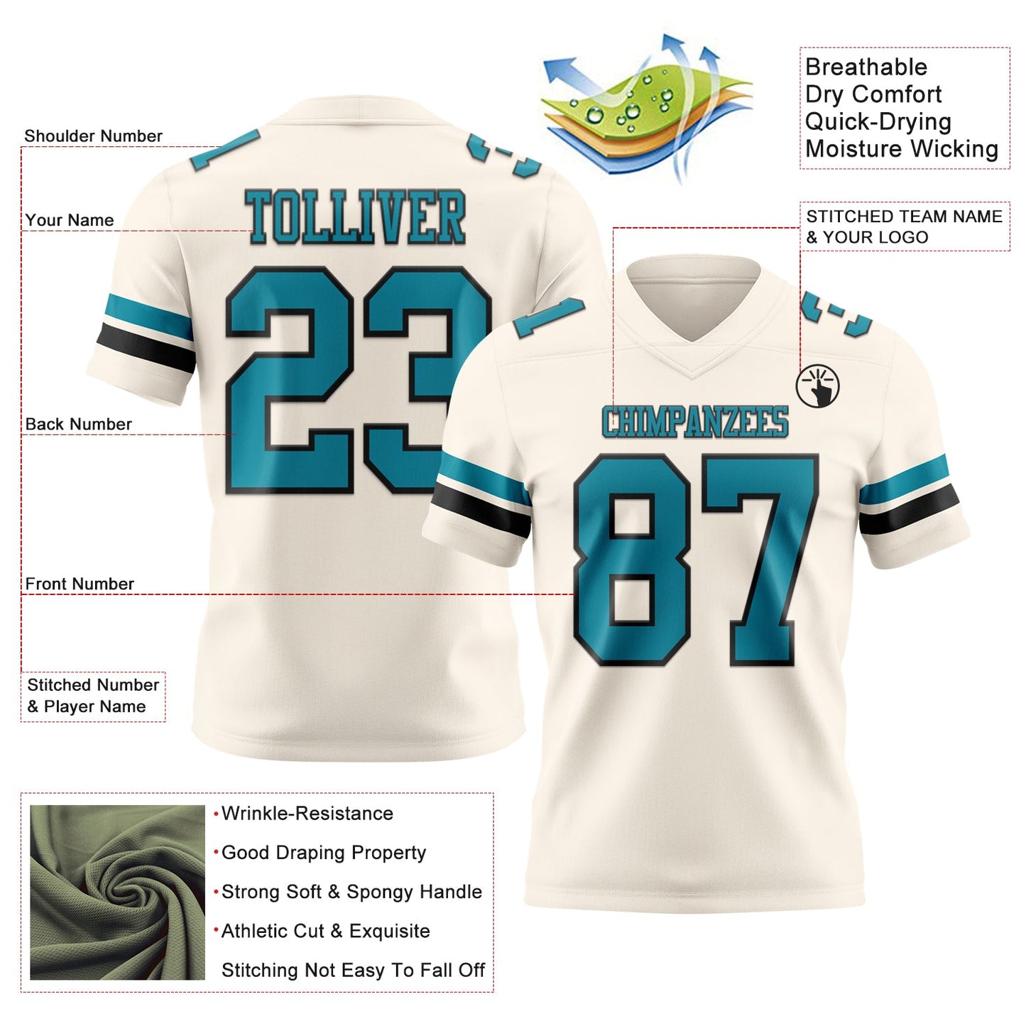 Custom Cream Teal-Black Mesh Authentic Football Jersey