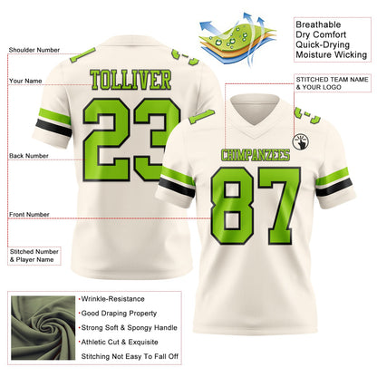 Custom Cream Neon Green-Black Mesh Authentic Football Jersey