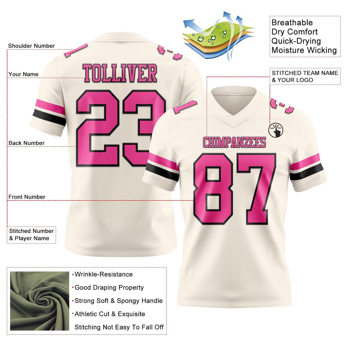 Custom Cream Pink-Black Mesh Authentic Football Jersey