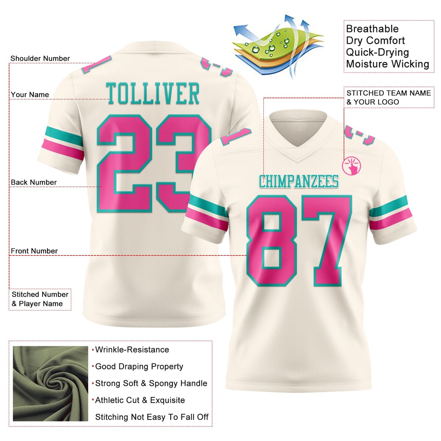 Custom Cream Pink-Aqua Mesh Authentic Football Jersey