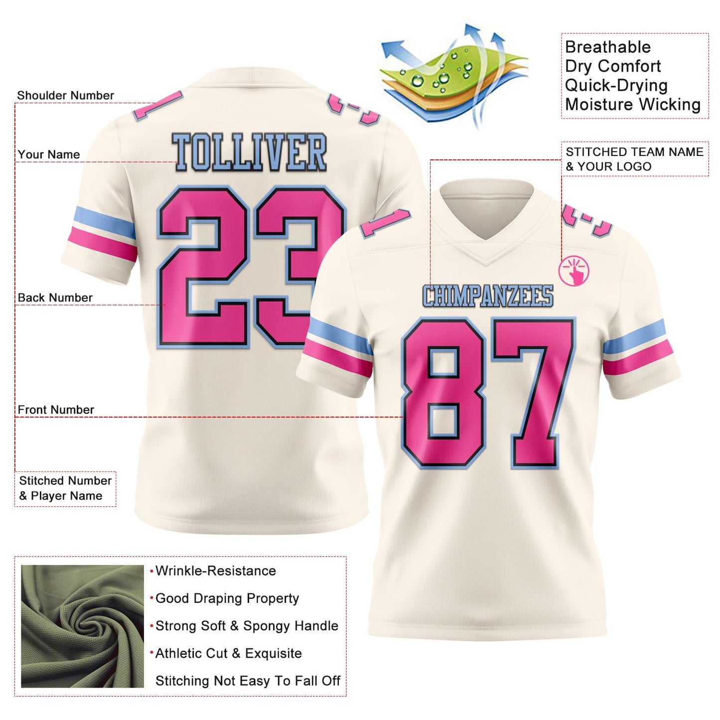 Custom Cream Pink Black-Light Blue Mesh Authentic Football Jersey