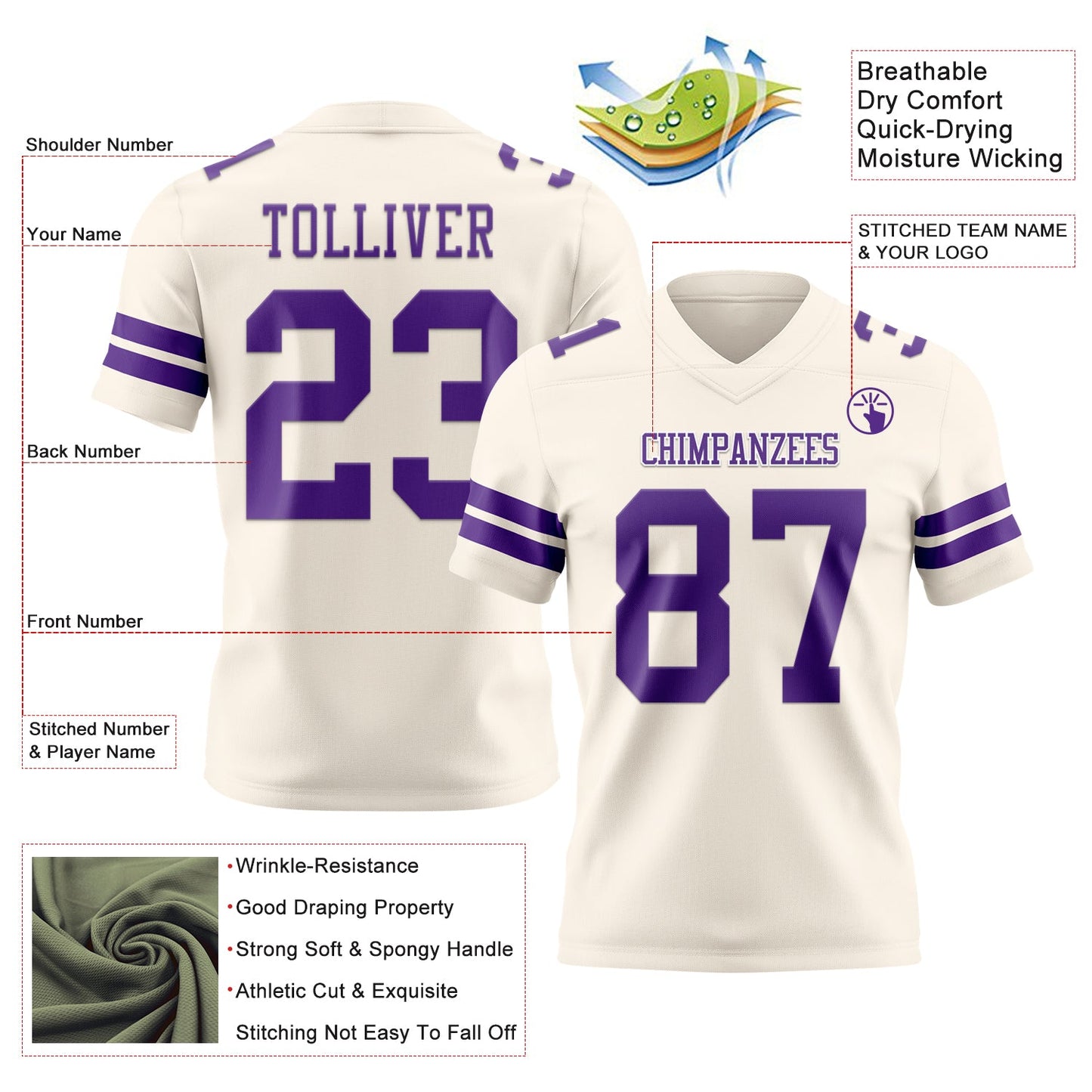 Custom Cream Purple Mesh Authentic Football Jersey
