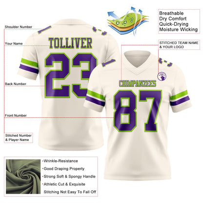 Custom Cream Purple-Neon Green Mesh Authentic Football Jersey