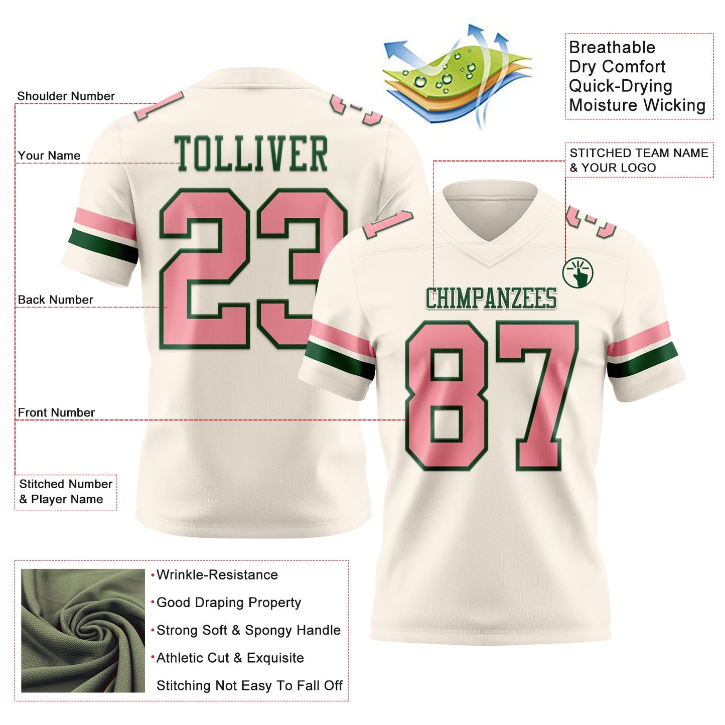 Custom Cream Medium Pink-Green Mesh Authentic Football Jersey