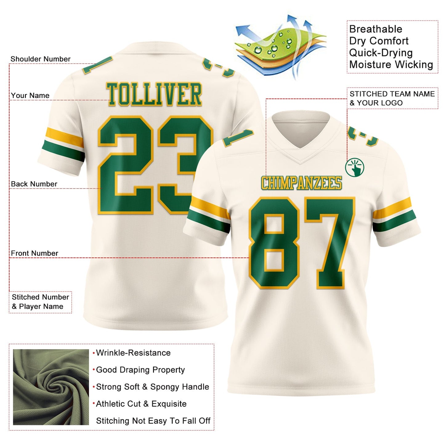 Custom Cream Kelly Green-Gold Mesh Authentic Football Jersey