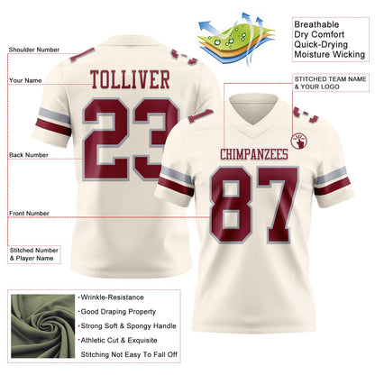 Custom Cream Crimson-Gray Mesh Authentic Football Jersey