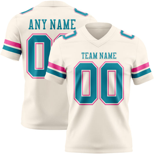 Custom Cream Teal-Pink Mesh Authentic Football Jersey