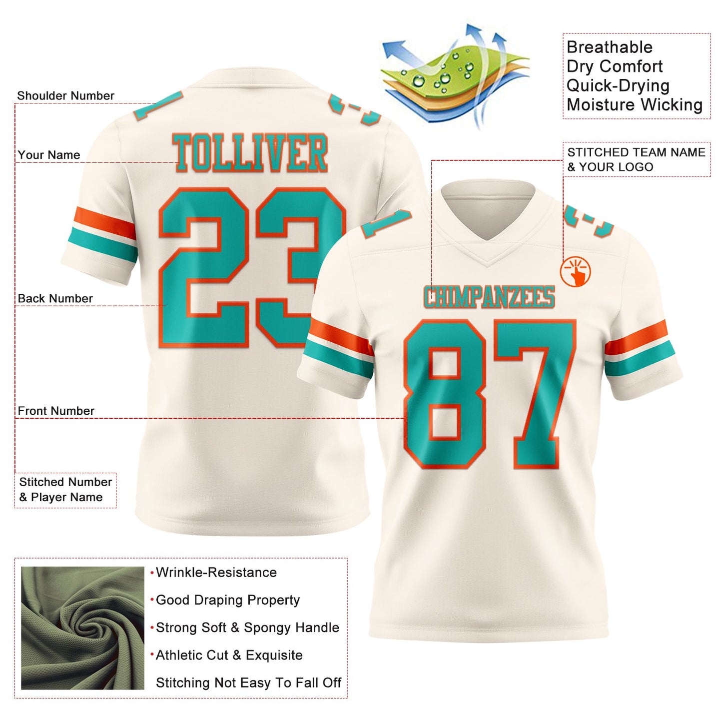 Custom Cream Aqua-Orange Mesh Authentic Football Jersey