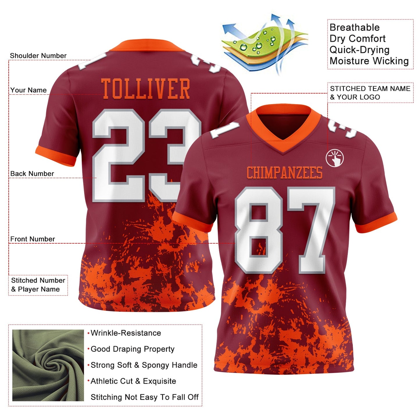 Custom Crimson White Orange-Gray Splash Mesh Authentic Football Jersey