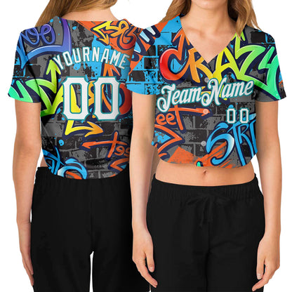 Custom Women's Graffiti Pattern White-Aqua Geometric 3D V-Neck Cropped Baseball Jersey