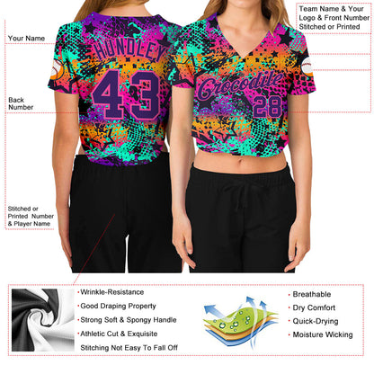 Custom Women's Graffiti Pattern Purple-Pink Bright Neon Colors 3D V-Neck Cropped Baseball Jersey