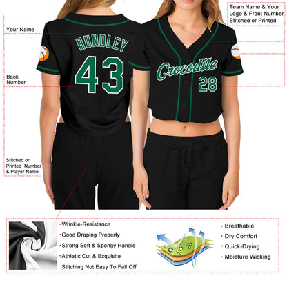 Custom Women's Black Kelly Green-White V-Neck Cropped Baseball Jersey