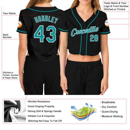 Custom Women's Black Aqua-White V-Neck Cropped Baseball Jersey