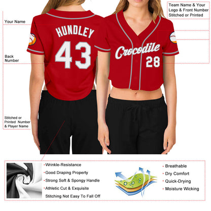 Custom Women's Red White-Gray V-Neck Cropped Baseball Jersey
