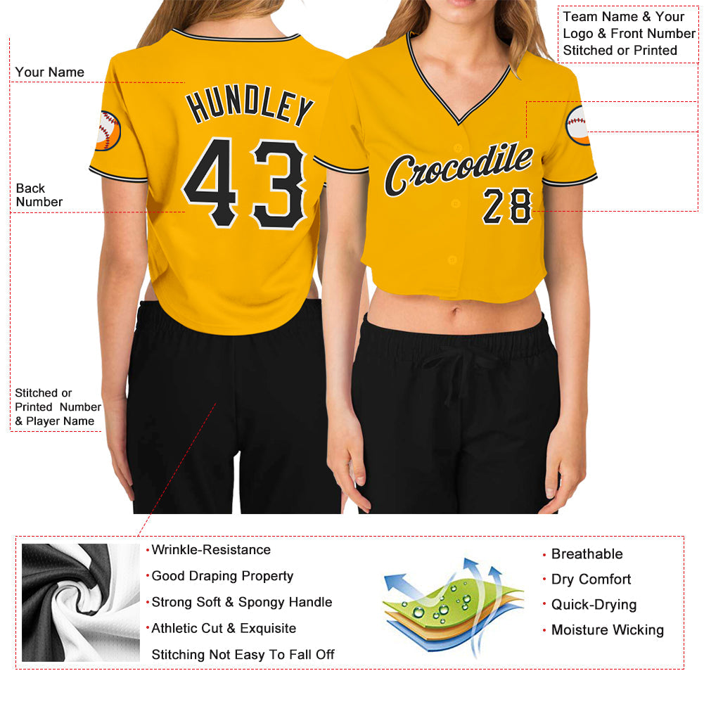 Custom Women's Gold Black-White V-Neck Cropped Baseball Jersey
