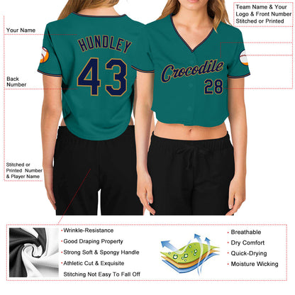 Custom Women's Aqua Navy-Old Gold V-Neck Cropped Baseball Jersey
