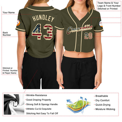 Custom Women's Olive Vintage USA Flag-Cream Salute To Service V-Neck Cropped Baseball Jersey