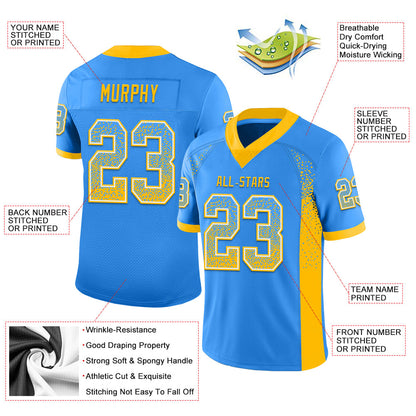 Custom Powder Blue Gold-White Mesh Drift Fashion Football Jersey