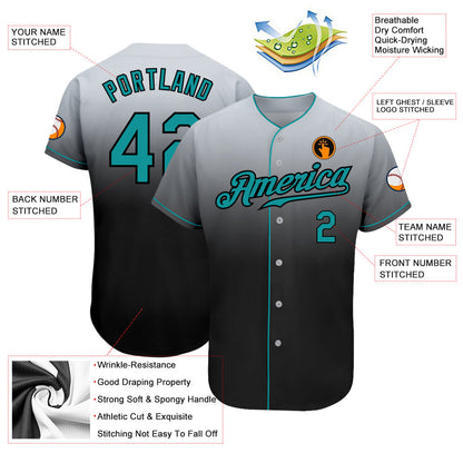 Custom Gray Teal-Black Authentic Fade Fashion Baseball Jersey