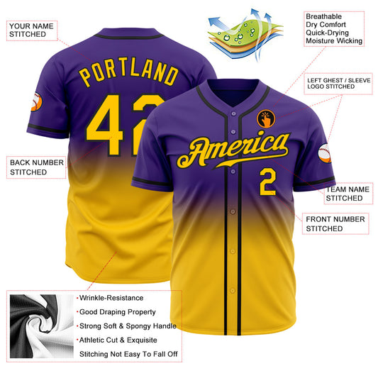 Custom Purple Gold-Black Authentic Fade Fashion Baseball Jersey