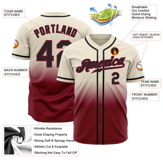 Custom Cream Black-Crimson Authentic Fade Fashion Baseball Jersey