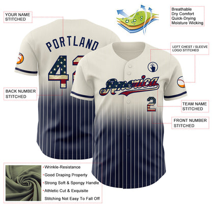 Custom Cream Pinstripe Vintage USA Flag-Navy Authentic Fade Fashion Baseball Jersey