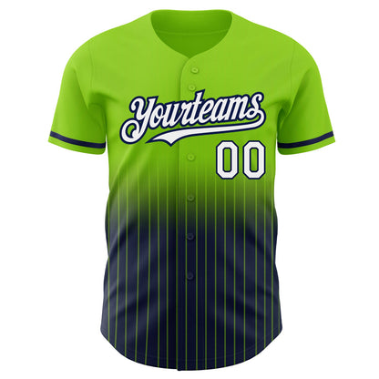 Custom Neon Green Pinstripe White-Navy Authentic Fade Fashion Baseball Jersey