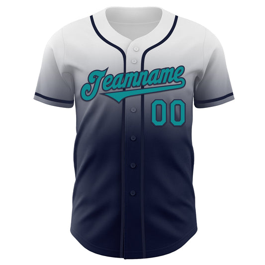 Custom White Teal-Navy Authentic Fade Fashion Baseball Jersey