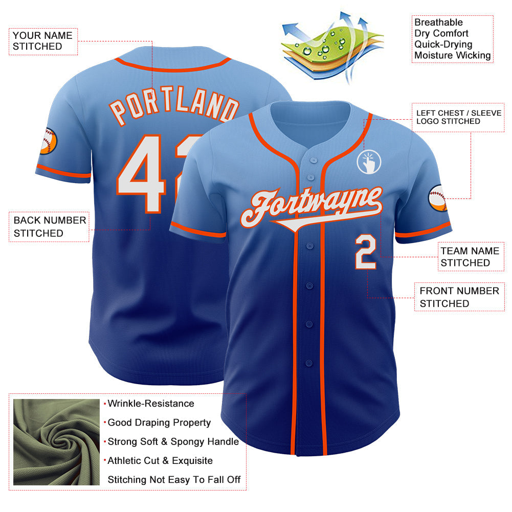Custom Light Blue White Royal-Orange Authentic Fade Fashion Baseball Jersey