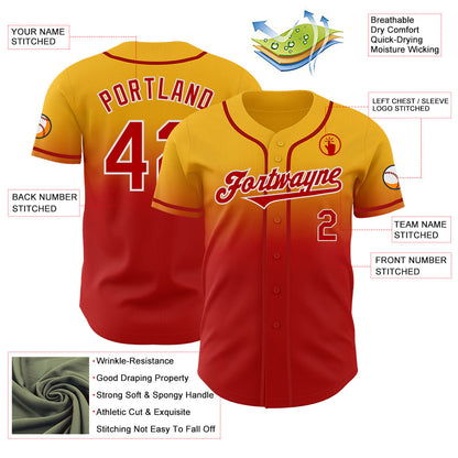 Custom Gold Red-White Authentic Fade Fashion Baseball Jersey