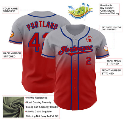 Custom Gray Red-Royal Authentic Fade Fashion Baseball Jersey