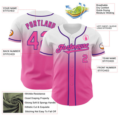 Custom White Pink-Purple Authentic Fade Fashion Baseball Jersey