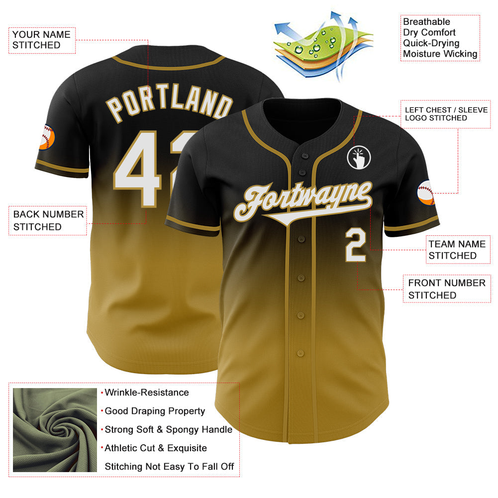 Custom Black White-Old Gold Authentic Fade Fashion Baseball Jersey