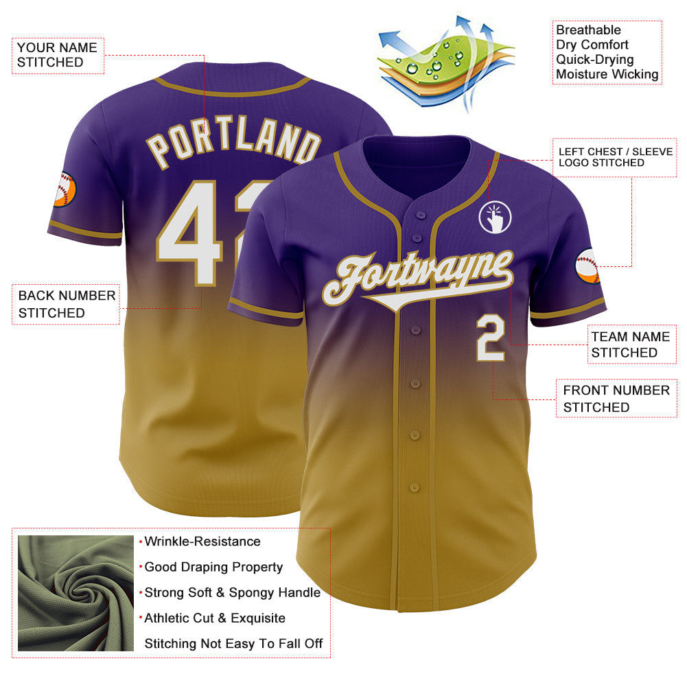 Custom Purple White-Old Gold Authentic Fade Fashion Baseball Jersey