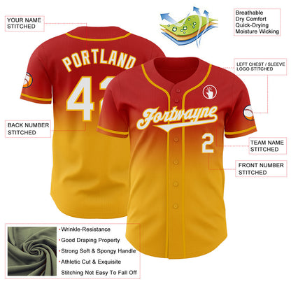 Custom Red White-Gold Authentic Fade Fashion Baseball Jersey
