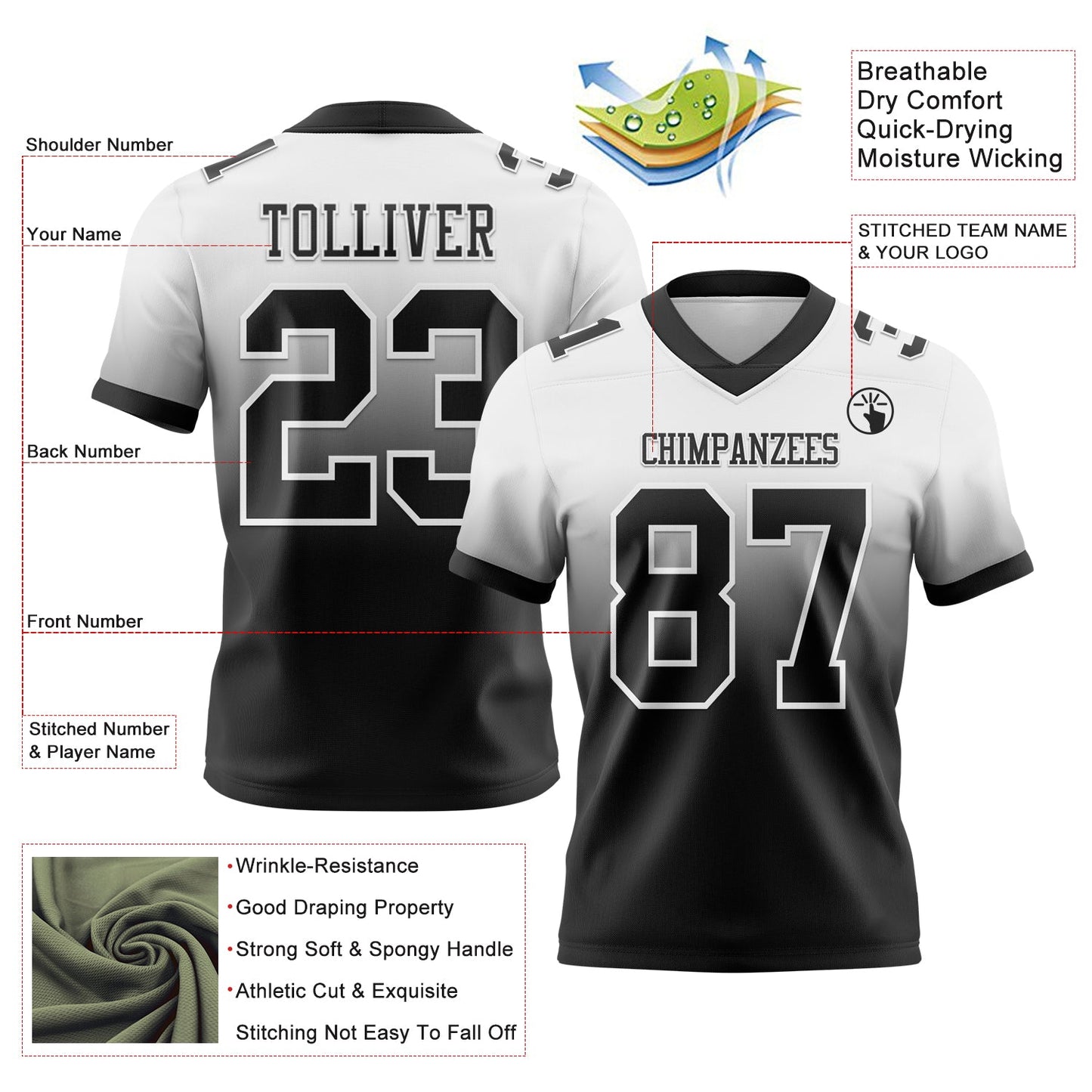 Custom White Black Mesh Authentic Fade Fashion Football Jersey