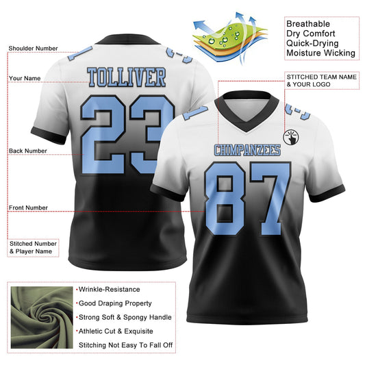 Custom White Light Blue-Black Mesh Authentic Fade Fashion Football Jersey