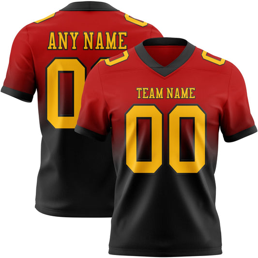 Custom Red Gold-Black Mesh Authentic Fade Fashion Football Jersey
