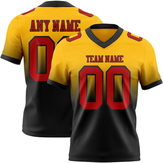 Custom Gold Red-Black Mesh Authentic Fade Fashion Football Jersey