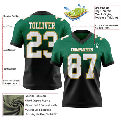 Custom Kelly Green White Black-Old Gold Mesh Authentic Fade Fashion Football Jersey