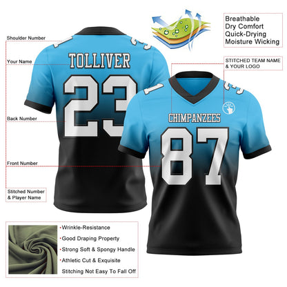 Custom Sky Blue White-Black Mesh Authentic Fade Fashion Football Jersey